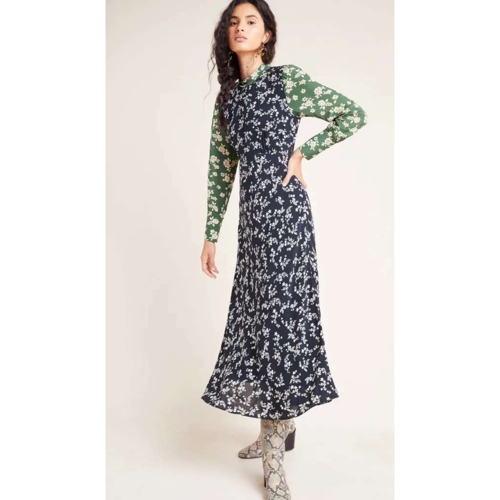 Kachel X Anthropologie Midi Dress Floral Tie‎ Neck 4 Black Green Women